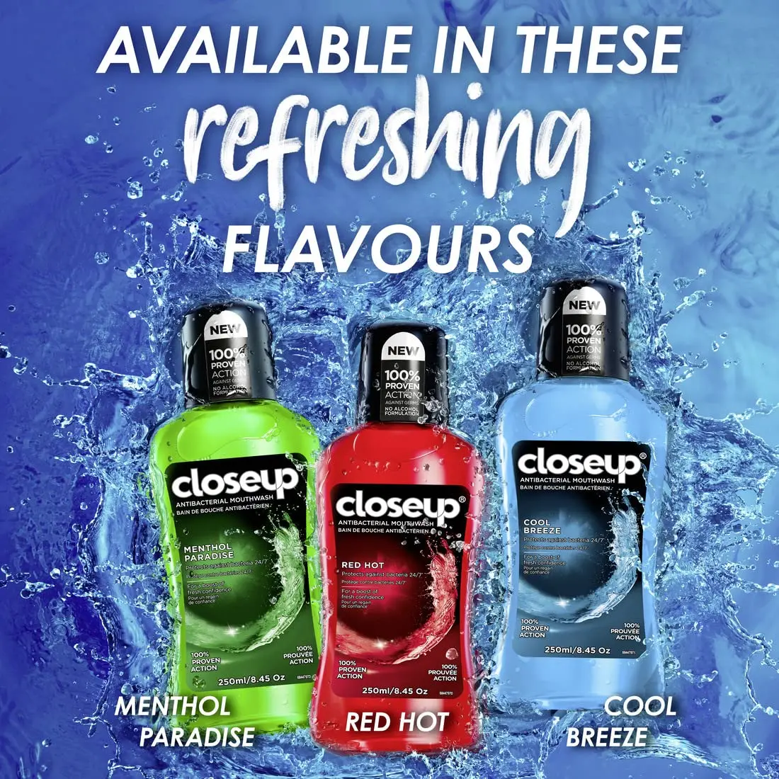 Closeup antibacterial mouthwash with active zinc fights bacteria and gives long-lasting fresh breath all day.