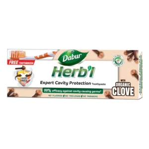 Dabur Herbal clove toothpaste with natural ingredients protects against cavities and strengthens teeth for a healthy, confident smile.