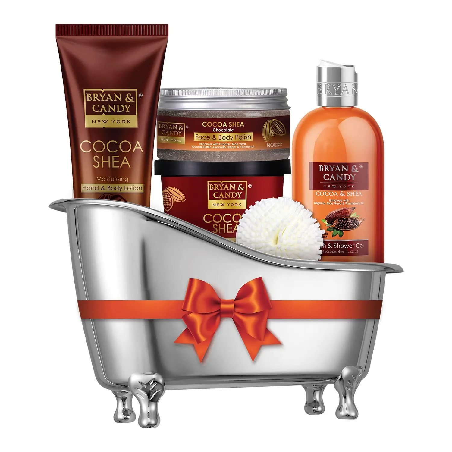 Bryan & Candy Cocoa Shea home spa kit includes sugar body scrub, shower gel, body polish and moisturizing hand and body lotion for gentle exfoliation and brighter skin.