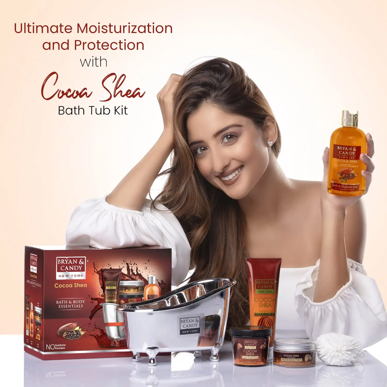 Bryan & Candy Cocoa Shea home spa kit includes sugar body scrub, shower gel, body polish and moisturizing hand and body lotion for gentle exfoliation and brighter skin.