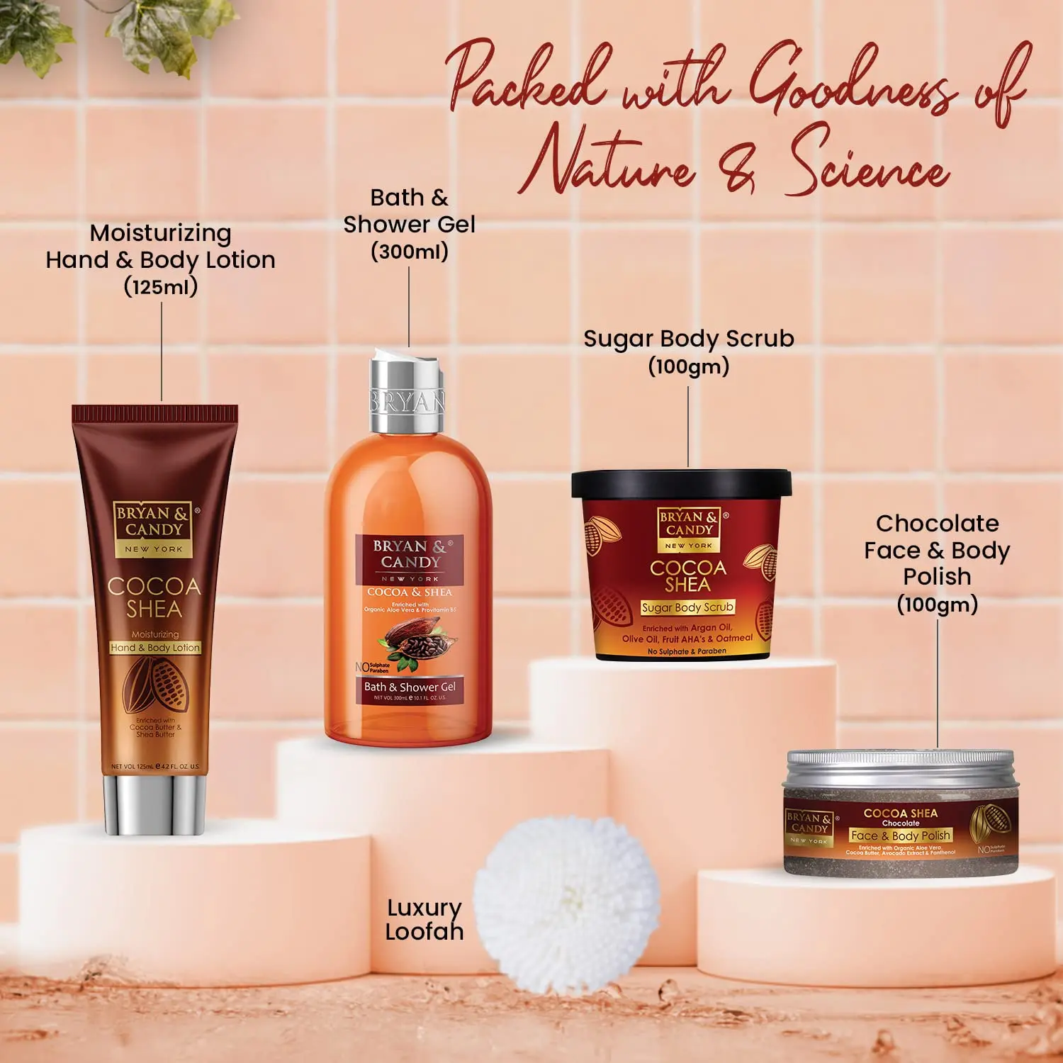 Bryan & Candy Cocoa Shea home spa kit includes sugar body scrub, shower gel, body polish and moisturizing hand and body lotion for gentle exfoliation and brighter skin.