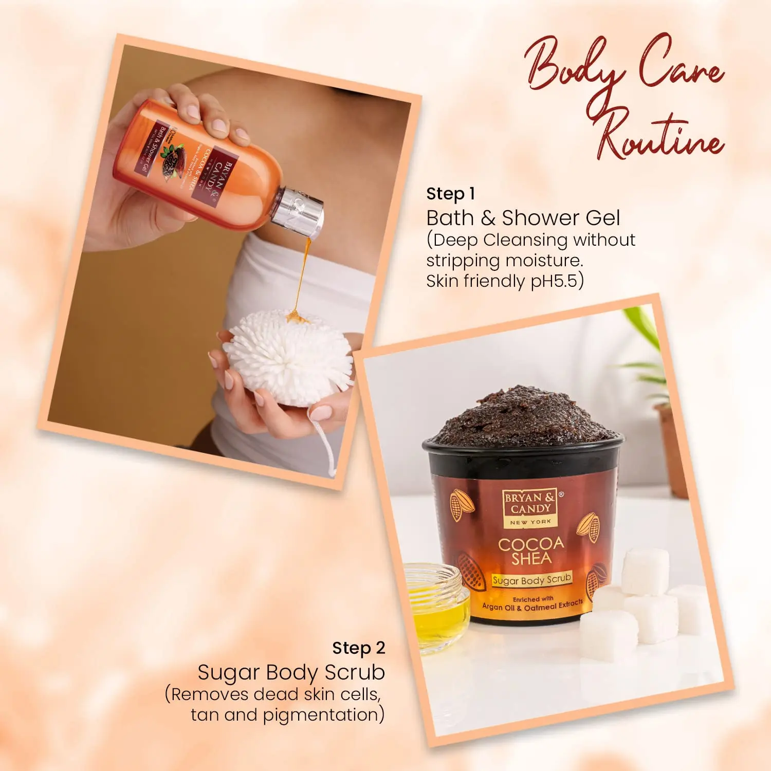 Bryan & Candy Cocoa Shea home spa kit includes sugar body scrub, shower gel, body polish and moisturizing hand and body lotion for gentle exfoliation and brighter skin.