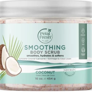 Petal Fresh smoothing coconut body scrub gently exfoliates skin, revealing a healthy glow while hydrating and softening with vitamin E and fatty acids.