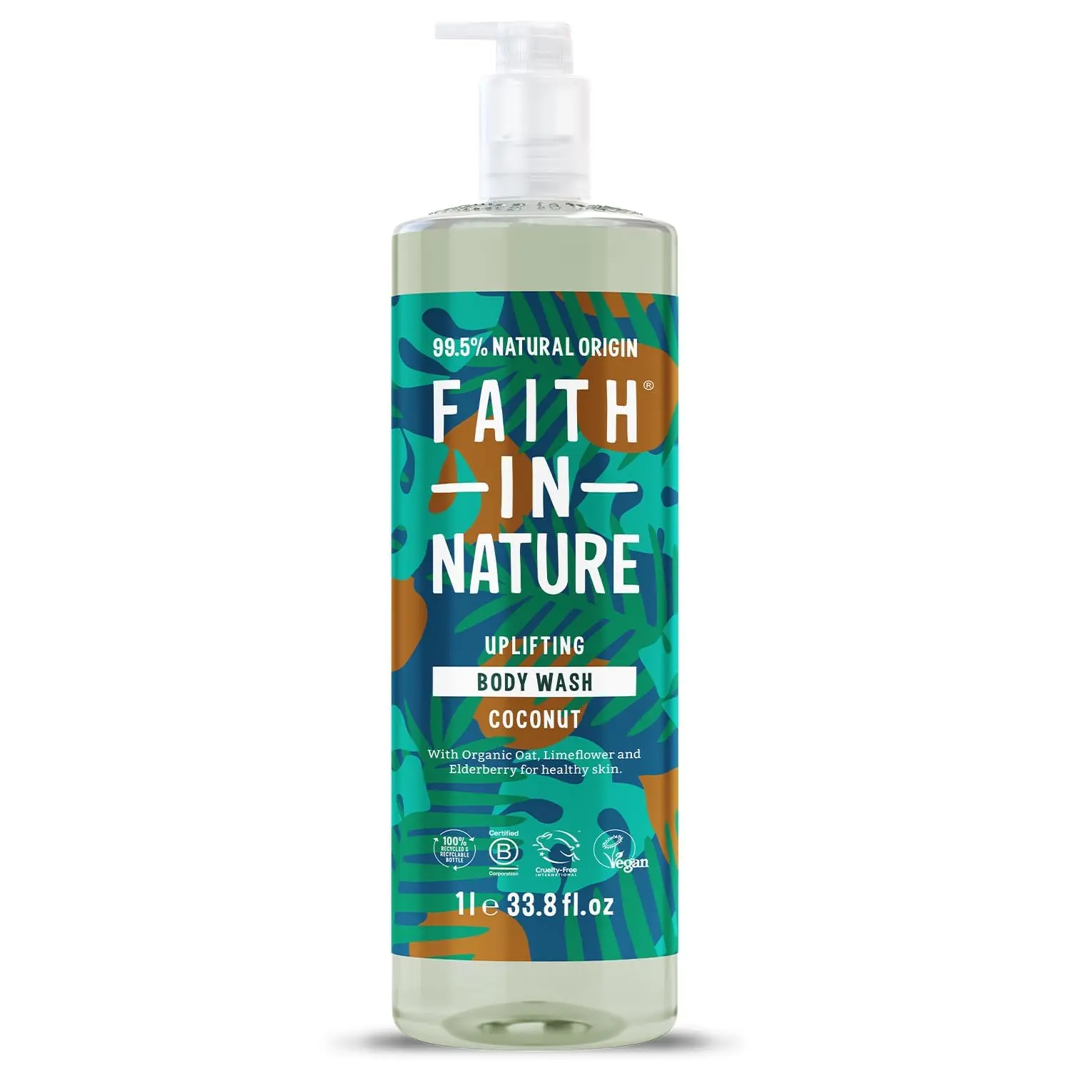 A large bottle of Faith In Nature organic coconut body wash, a vegan and cruelty-free shower gel with a natural coconut aroma.