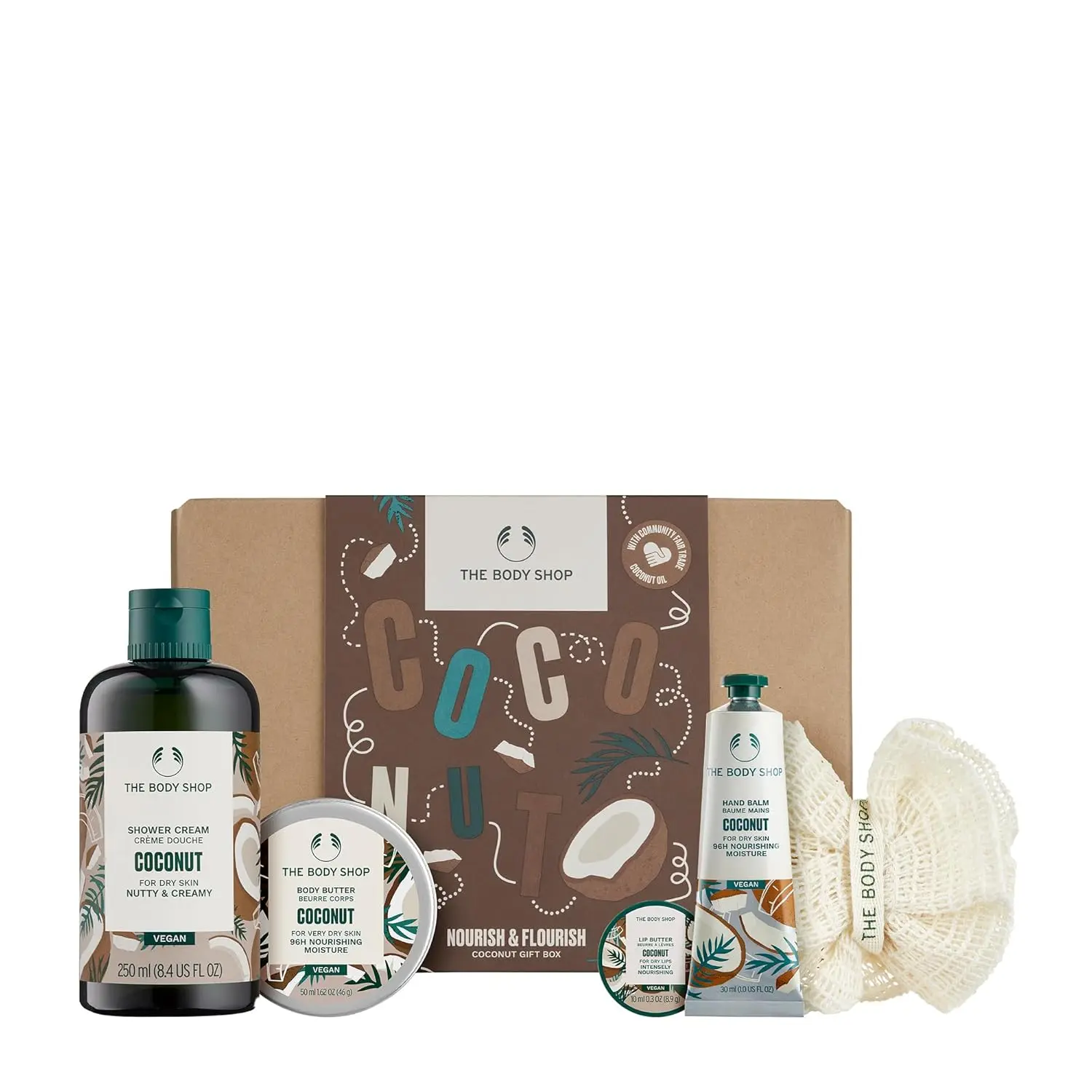 The Body Shop Coconut Nourish & Flourish gift set includes coconut shower cream, body butter, hand balm, lip butter, and a mini ramie bath lily for a complete pampering experience.