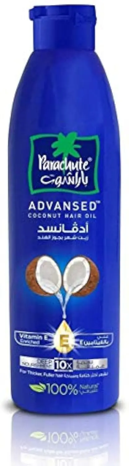 Parachute Advansed coconut hair oil with vitamin E nourishes hair roots, making hair thicker and stronger.