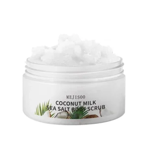 Creamy coconut milk and sea salt body scrub gently exfoliates and nourishes skin with coconut fruit extract and milk proteins, providing lasting hydration and antioxidant protection.