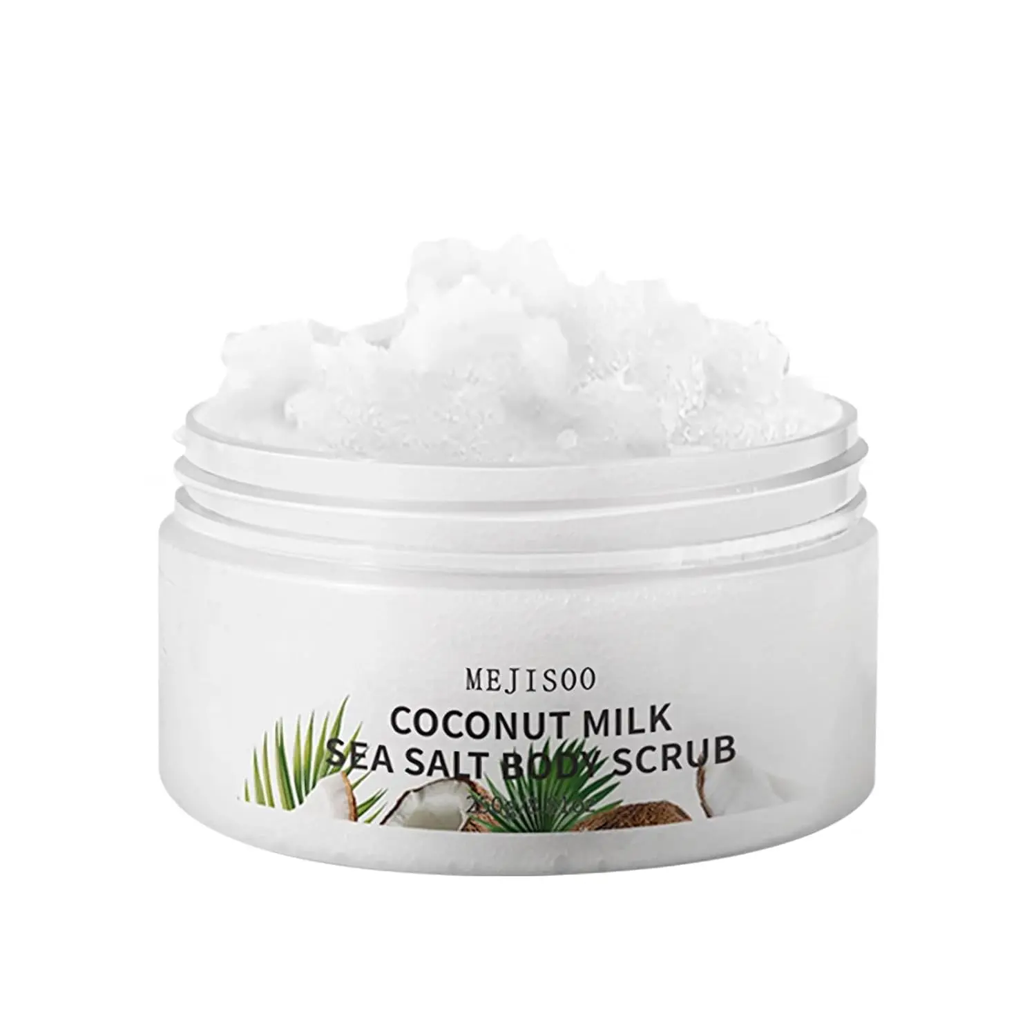 Creamy coconut milk and sea salt body scrub gently exfoliates and nourishes skin with coconut fruit extract and milk proteins, providing lasting hydration and antioxidant protection.