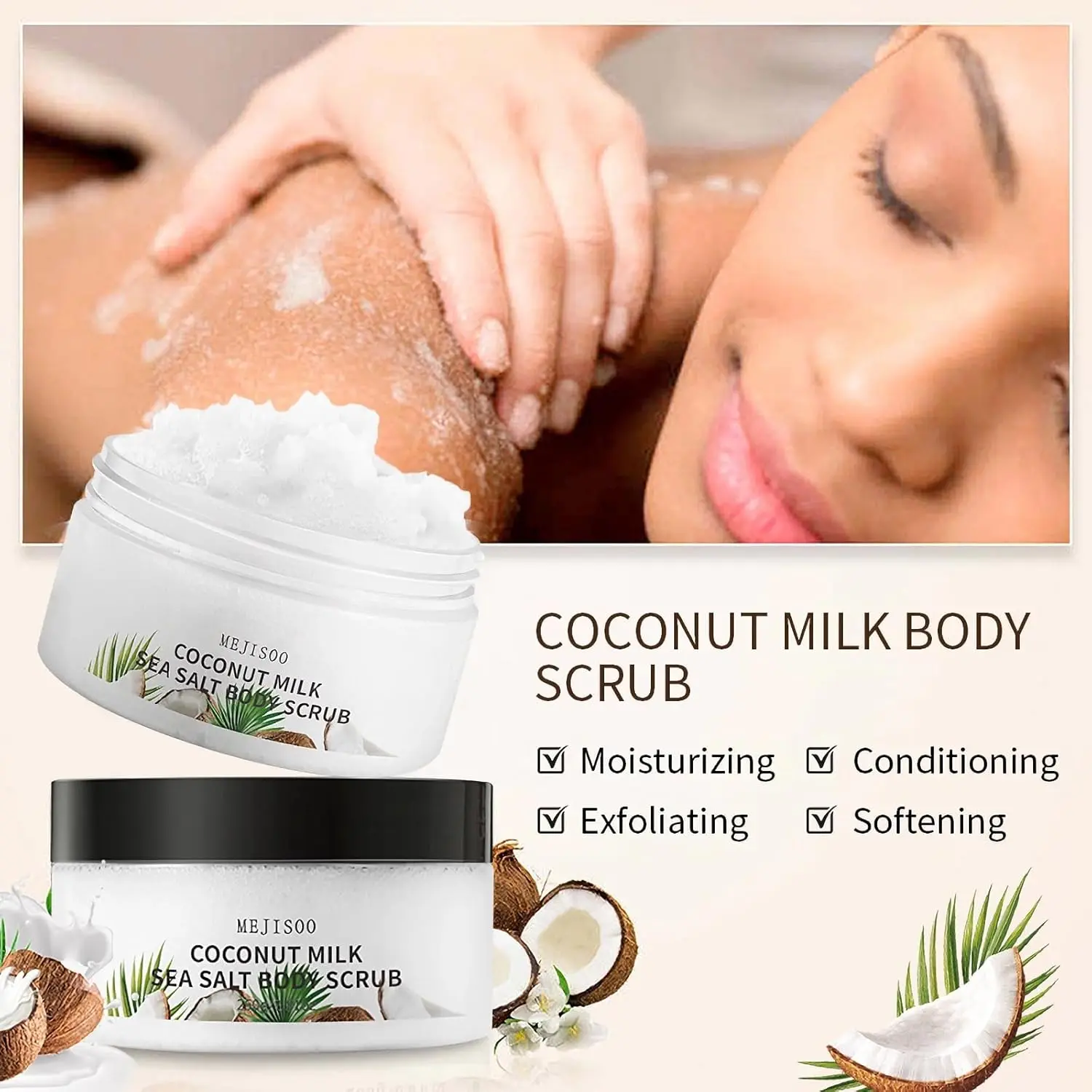 Creamy coconut milk and sea salt body scrub gently exfoliates and nourishes skin with coconut fruit extract and milk proteins, providing lasting hydration and antioxidant protection.