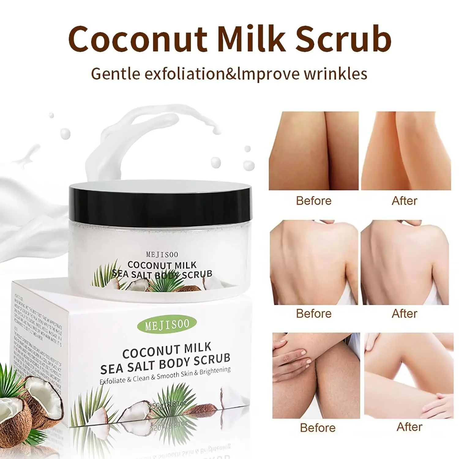 Creamy coconut milk and sea salt body scrub gently exfoliates and nourishes skin with coconut fruit extract and milk proteins, providing lasting hydration and antioxidant protection.