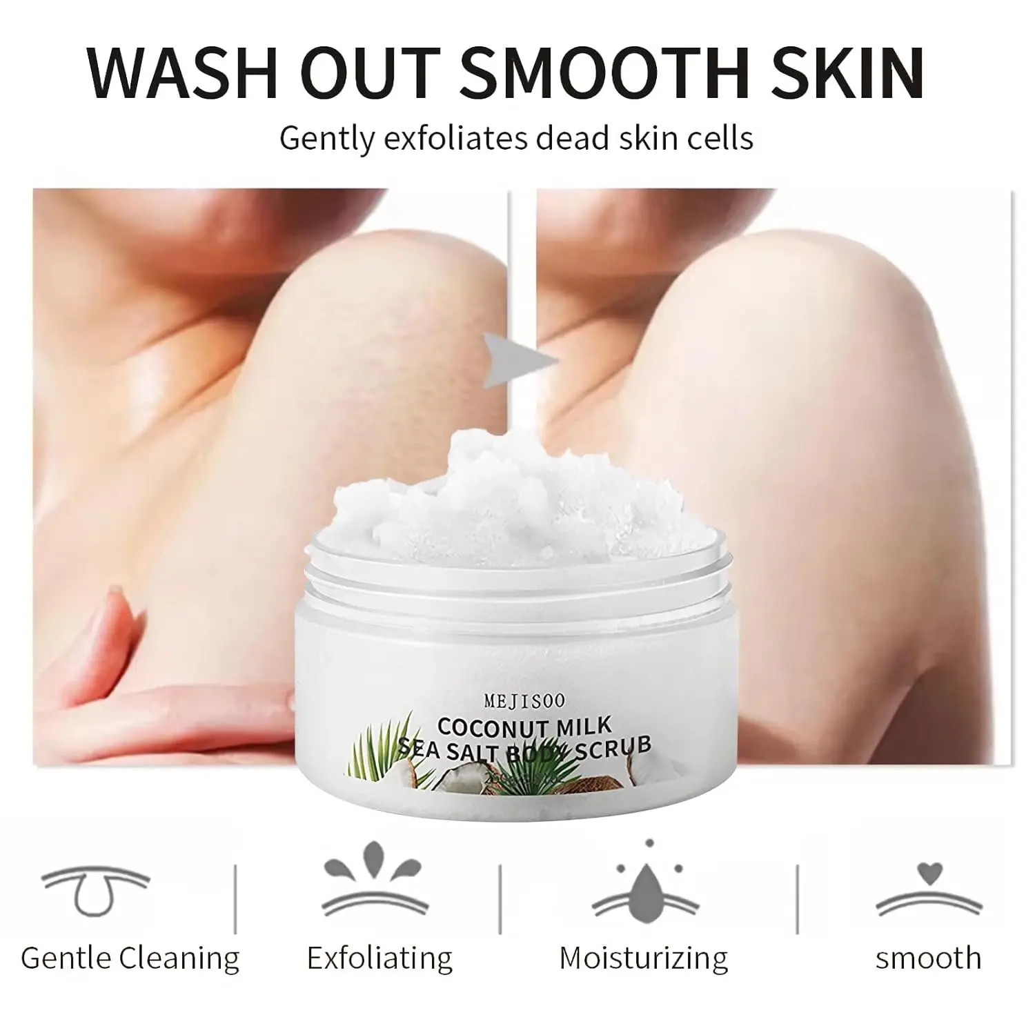 Creamy coconut milk and sea salt body scrub gently exfoliates and nourishes skin with coconut fruit extract and milk proteins, providing lasting hydration and antioxidant protection.