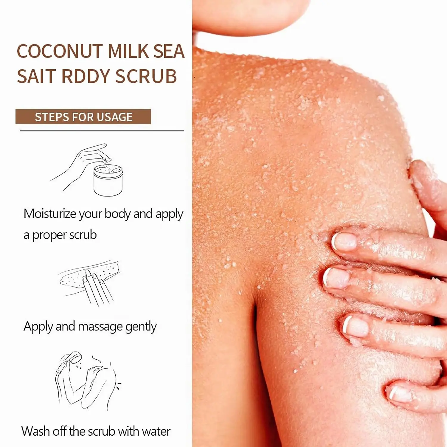 Creamy coconut milk and sea salt body scrub gently exfoliates and nourishes skin with coconut fruit extract and milk proteins, providing lasting hydration and antioxidant protection.