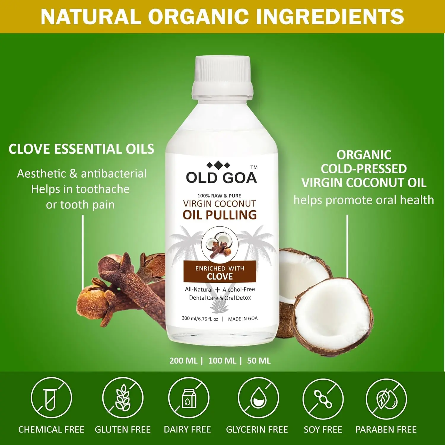 Natural coconut oil pulling mouthwash with clove for fresh breath, healthier teeth and gums.