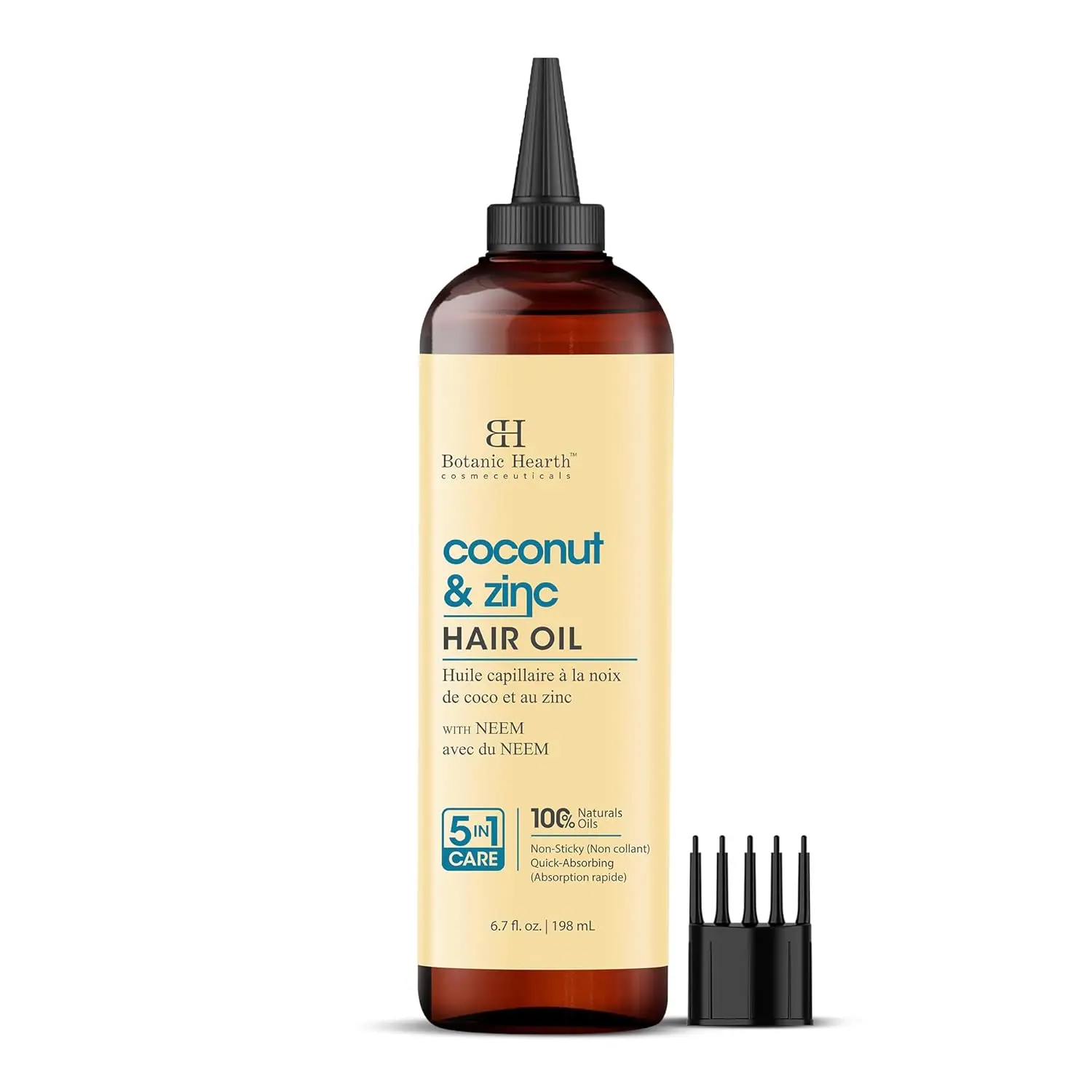 Botanic Hearth coconut and zinc hair oil nourishes dry hair, balances the scalp, and promotes healthy hair growth with its included nozzle and comb applicator.