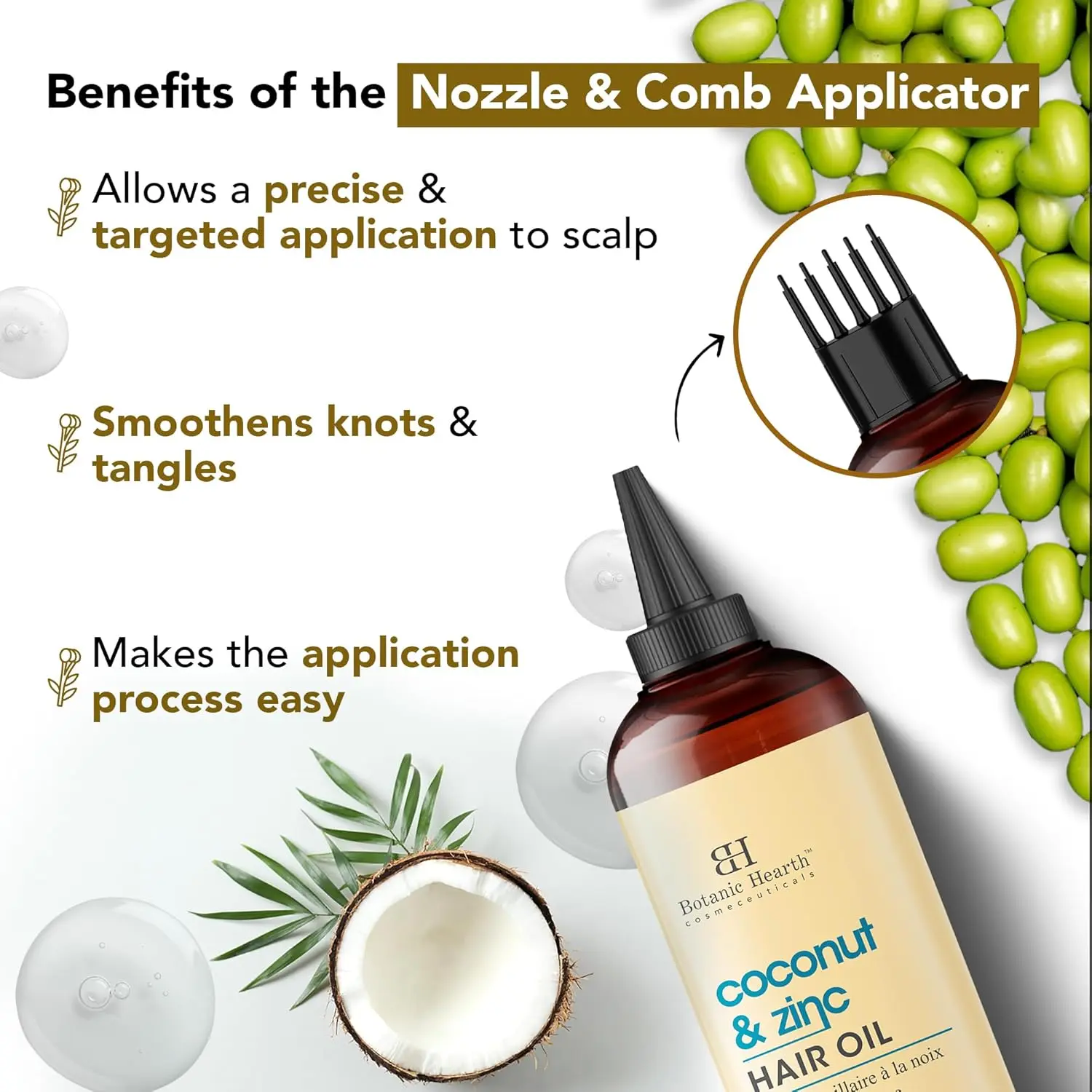 Botanic Hearth coconut and zinc hair oil nourishes dry hair, balances the scalp, and promotes healthy hair growth with its included nozzle and comb applicator.