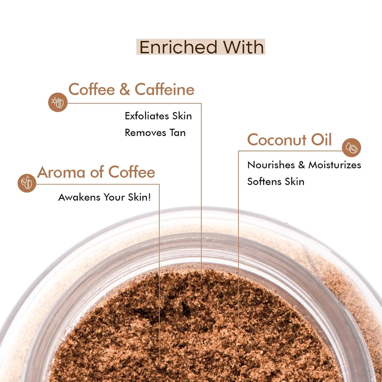 A coffee body scrub made with coffee and coconut gently exfoliates, polishes, and removes dead skin and tan, leaving skin soft and smooth.