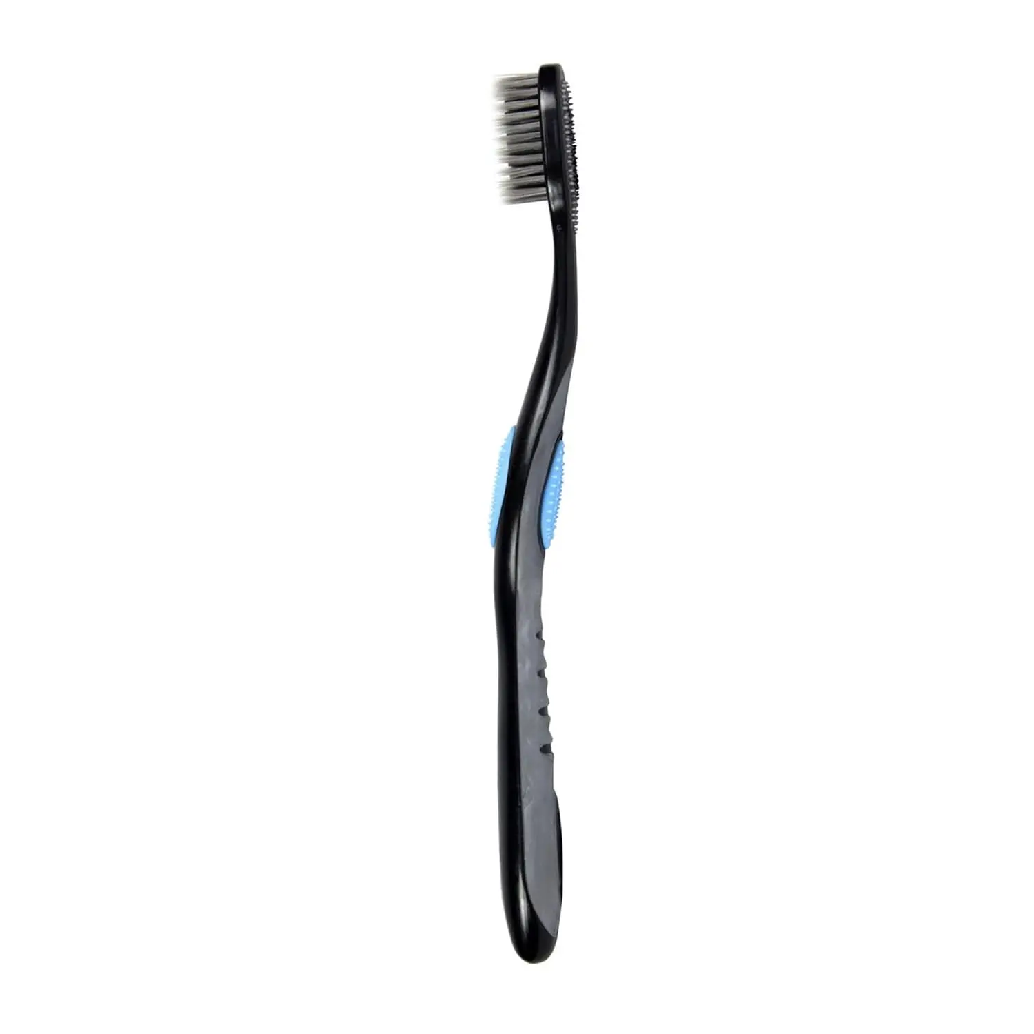 A single Colgate 360 Charcoal medium bristle toothbrush featuring thin, slim tip bristles for deep cleaning between teeth and along the gum line.