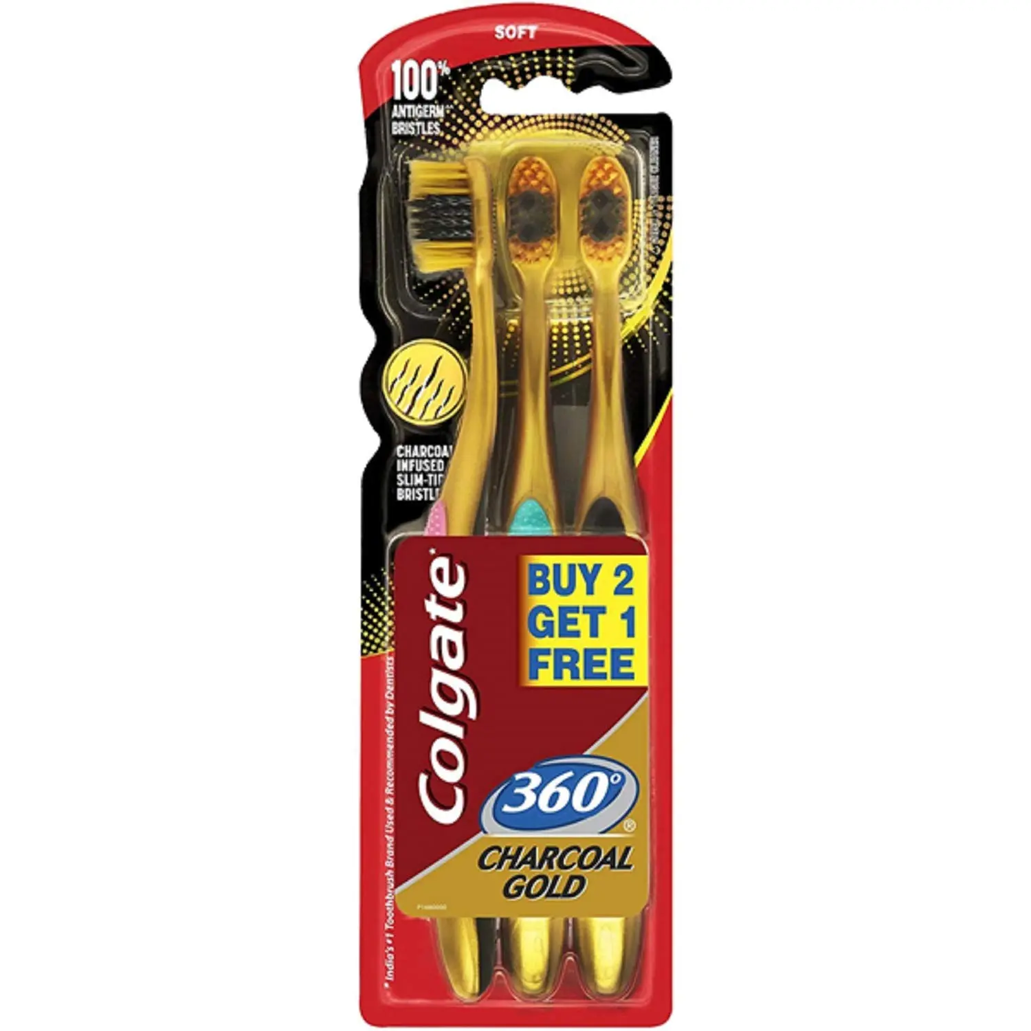 A single Colgate 360 Charcoal medium bristle toothbrush featuring thin, slim tip bristles for deep cleaning between teeth and along the gum line.
