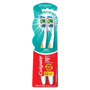 This image shows a Colgate 360 soft toothbrush two-pack, designed with cleaning bristles, polishing cups, and a cheek and tongue cleaner for a healthier, whole-mouth clean.
