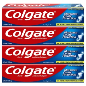 Four tubes of Colgate Maximum Cavity Protection toothpaste in Great Regular Flavour, designed to strengthen teeth, freshen breath, and repair weak spots in enamel with its new and improved formula.