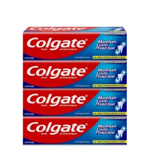 Four pack of Colgate Maximum Cavity Protection toothpaste tubes, clinically proven to strengthen teeth and fight cavities, enriched with calcium for resilient enamel and a minty fresh flavor.