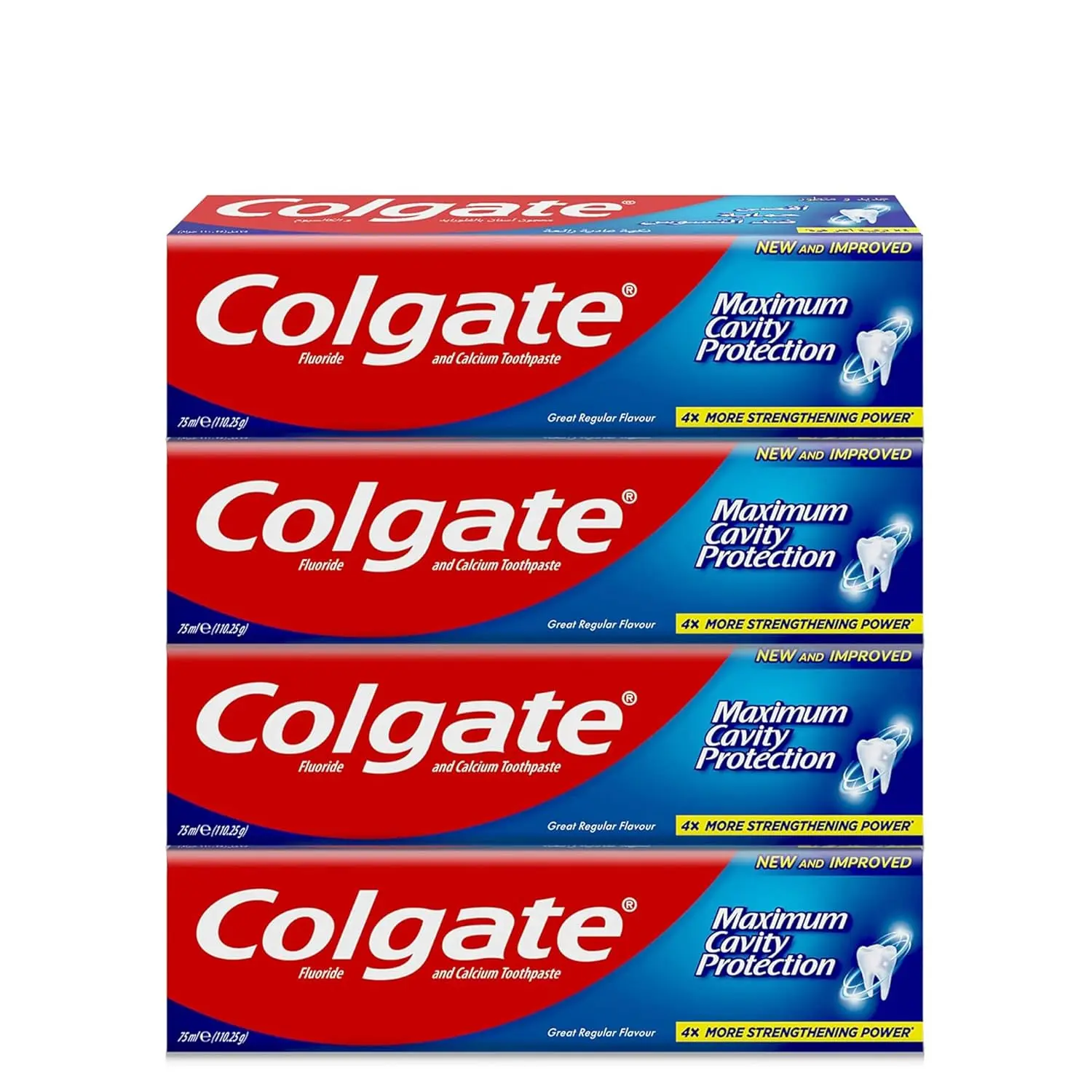 Four pack of Colgate Maximum Cavity Protection toothpaste tubes, clinically proven to strengthen teeth and fight cavities, enriched with calcium for resilient enamel and a minty fresh flavor.