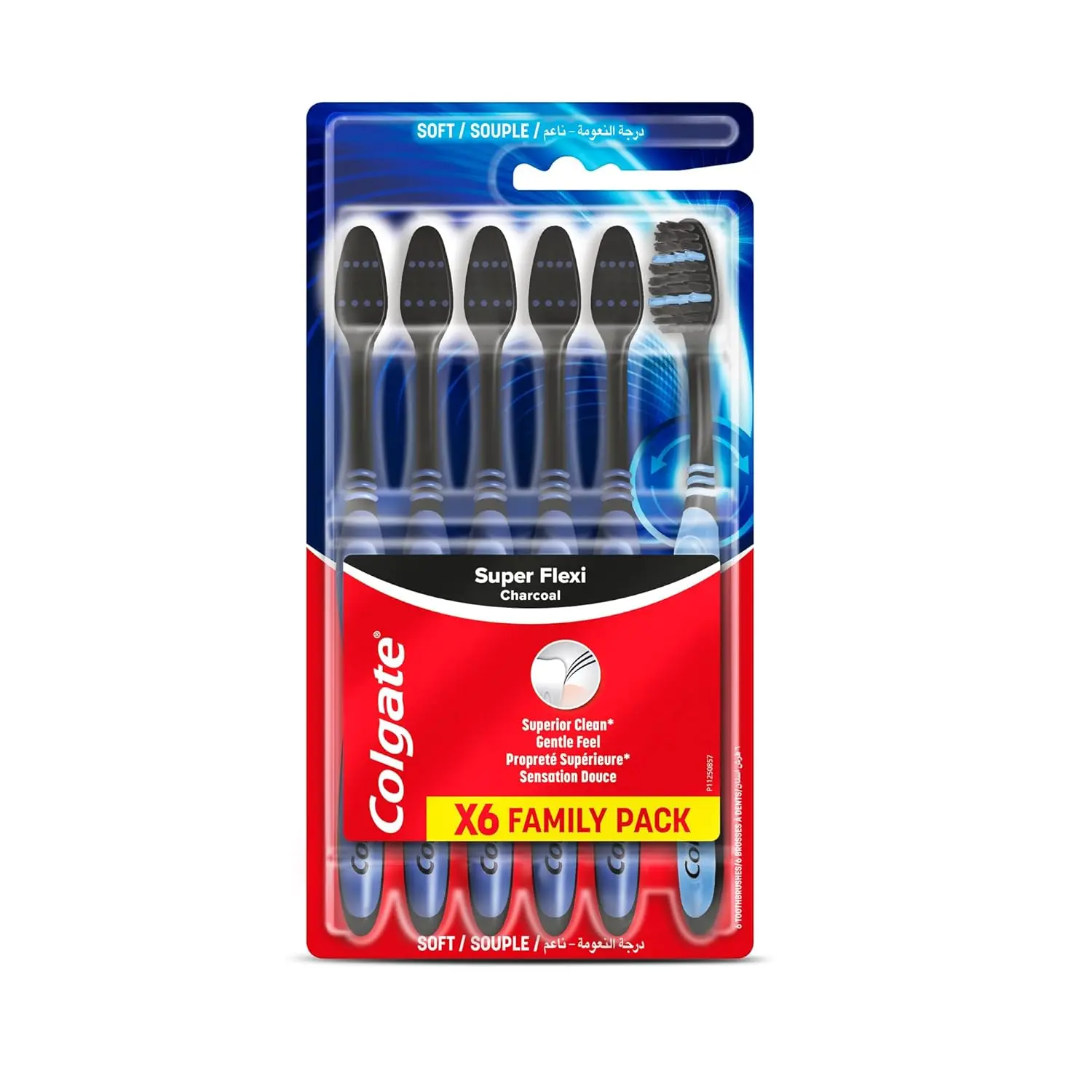 This image shows a pack of six Colgate Super Flexi Charcoal toothbrushes with soft bristles, flexible necks, ergonomic handles, and tongue cleaners for a gentle, superior clean.