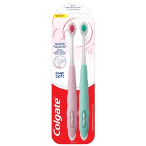 This image shows a 2-pack of Colgate FoamSoft toothbrushes with super dense, thin, soft bristles designed for a gentle, foamy deep clean and easy access to back teeth.