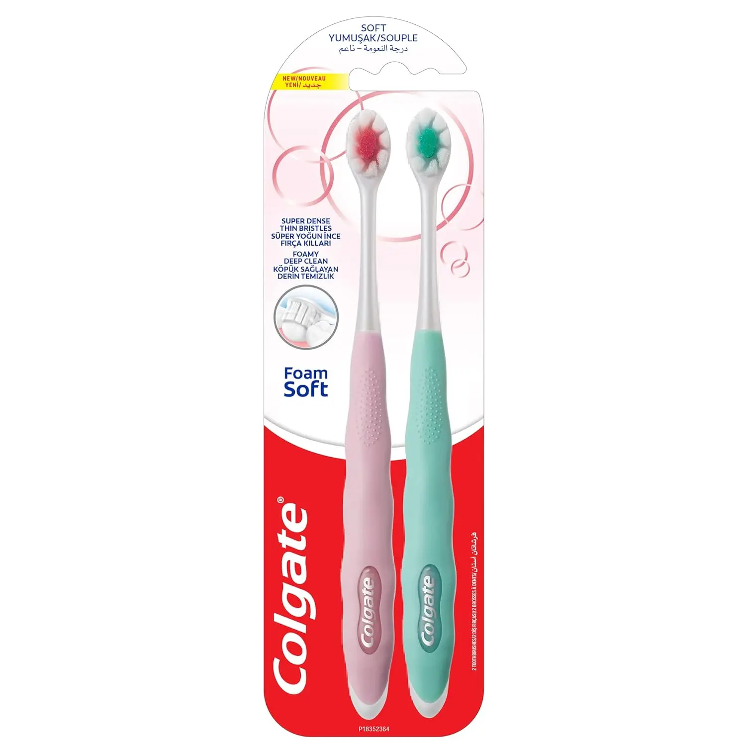 This image shows a 2-pack of Colgate FoamSoft toothbrushes with super dense, thin, soft bristles designed for a gentle, foamy deep clean and easy access to back teeth.