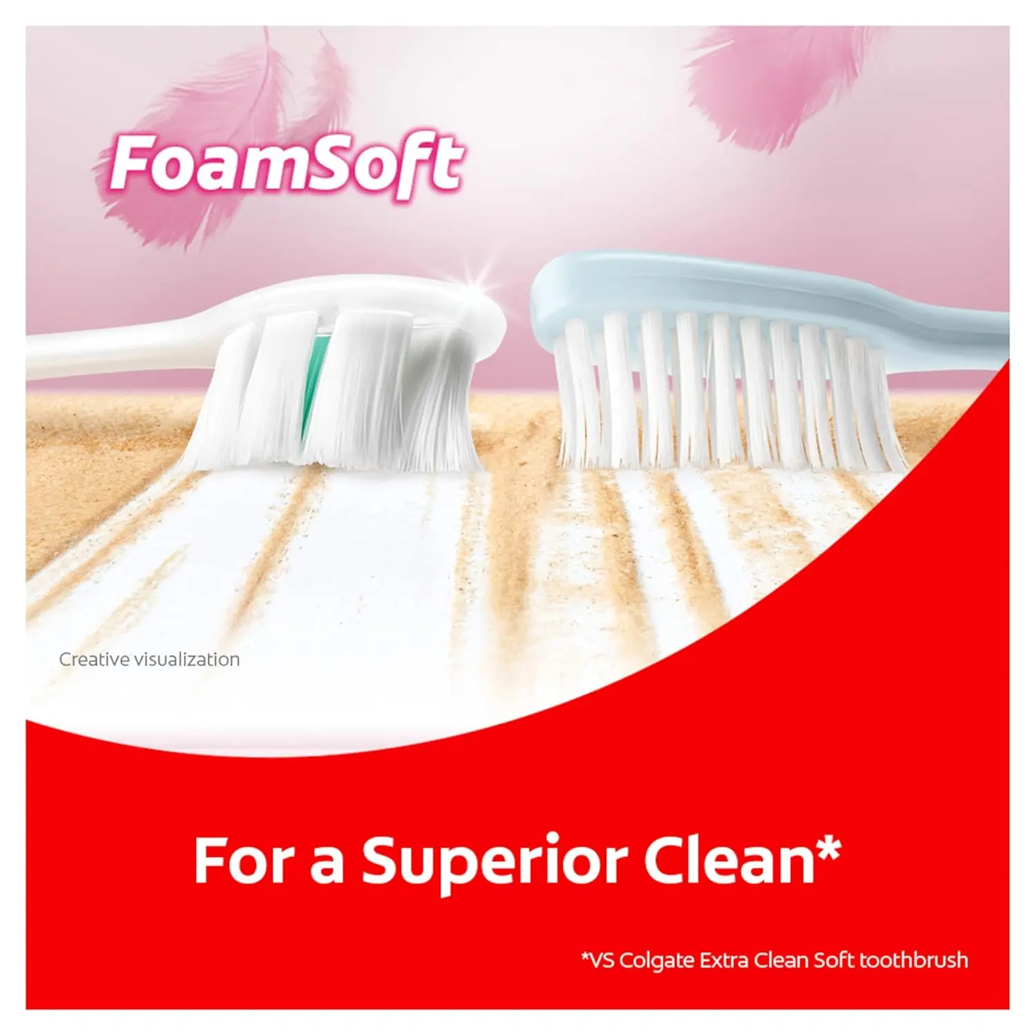 This image shows a 2-pack of Colgate FoamSoft toothbrushes with super dense, thin, soft bristles designed for a gentle, foamy deep clean and easy access to back teeth.