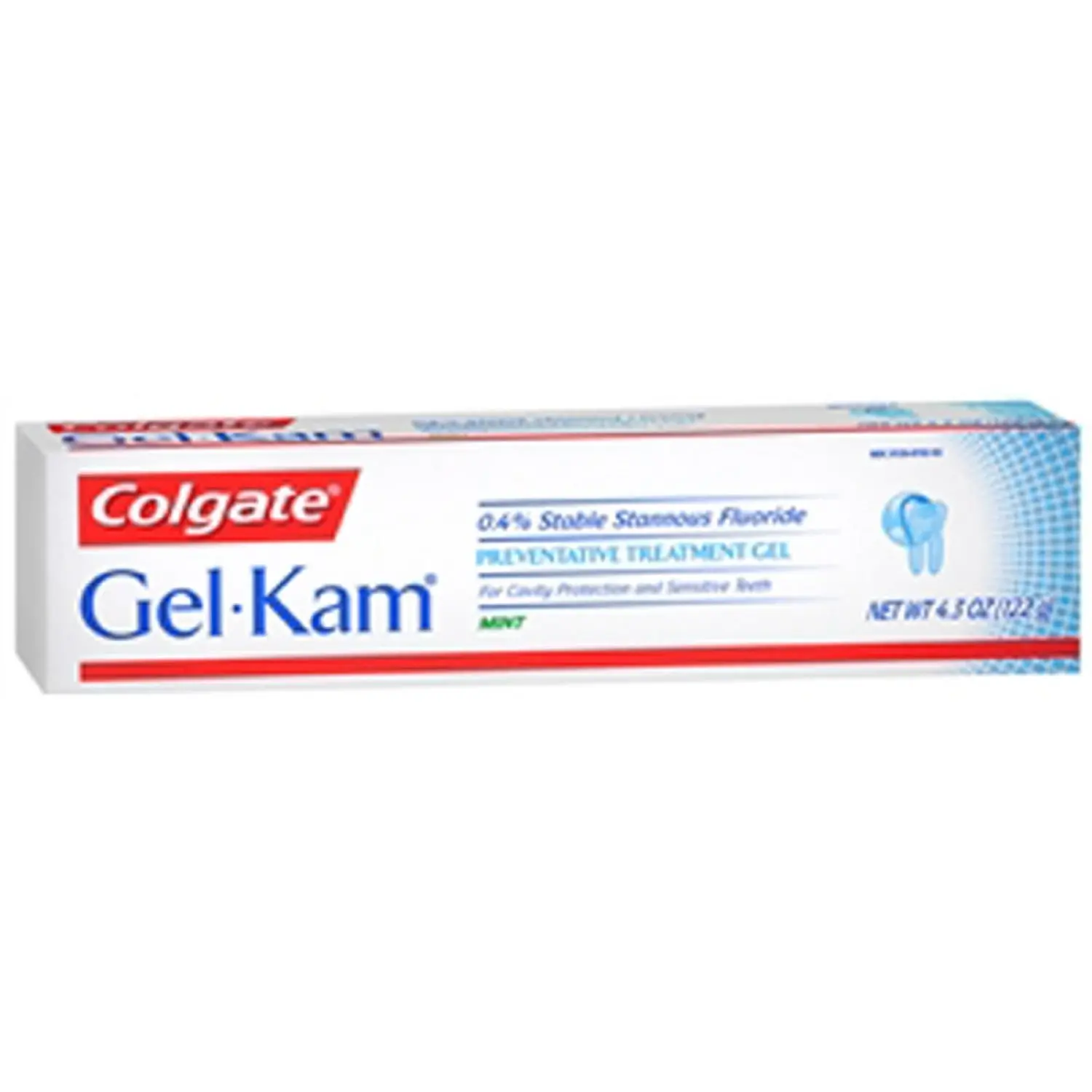 Colgate Gel-Kam fluoride gel in mint flavor helps protect against cavities and comes in a 4.3 oz tube.