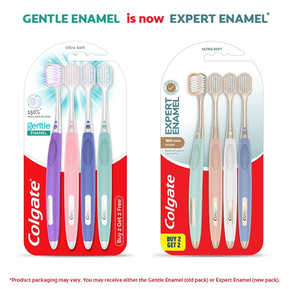 This image shows a four-pack of Colgate Gentle Enamel Toothbrushes with ultra-soft bristles, designed for sensitive teeth and gentle enamel protection.