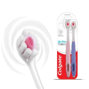 This image shows a two-pack of Colgate Gentle UltraFoam toothbrushes with ultra-soft bristles designed for a gentle, superior clean and gum massage.