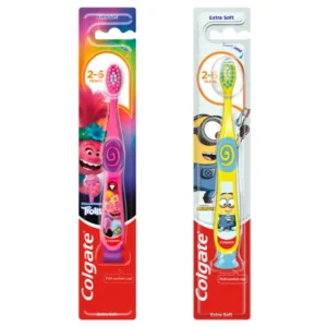 The Colgate Kids Toothbrush for ages 3-5 features super soft bristles, a small head, a comfortable handle, and inner white bristles as a toothpaste guide for gentle and effective cleaning.