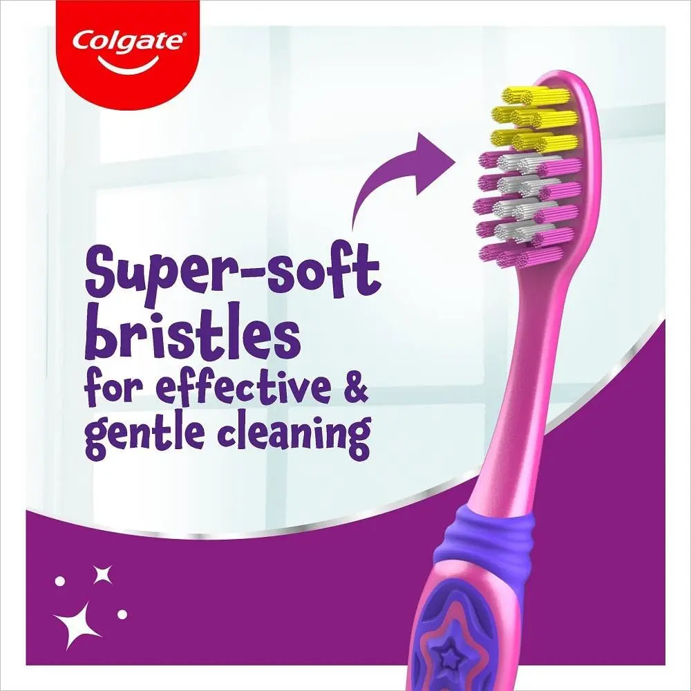 The Colgate Kids Toothbrush for ages 3-5 features super soft bristles, a small head, a comfortable handle, and inner white bristles as a toothpaste guide for gentle and effective cleaning.