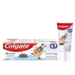 A tube of Colgate Strawberry Mint fluoride toothpaste for kids aged 6-9, offering cavity protection and enamel strengthening with a gentle gel formula.