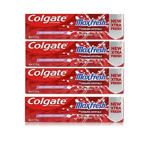 Four tubes of Colgate Max Fresh Spicy Toothpaste with cooling crystals, designed to protect against cavities, whiten teeth and freshen breath.