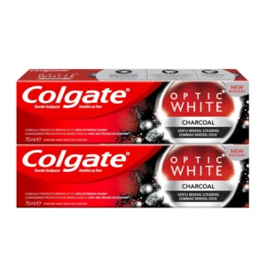 Two tubes of Colgate Optic White Charcoal whitening toothpaste with purified mint flavor, formulated with activated charcoal to remove extrinsic stains and safe for daily enamel use.