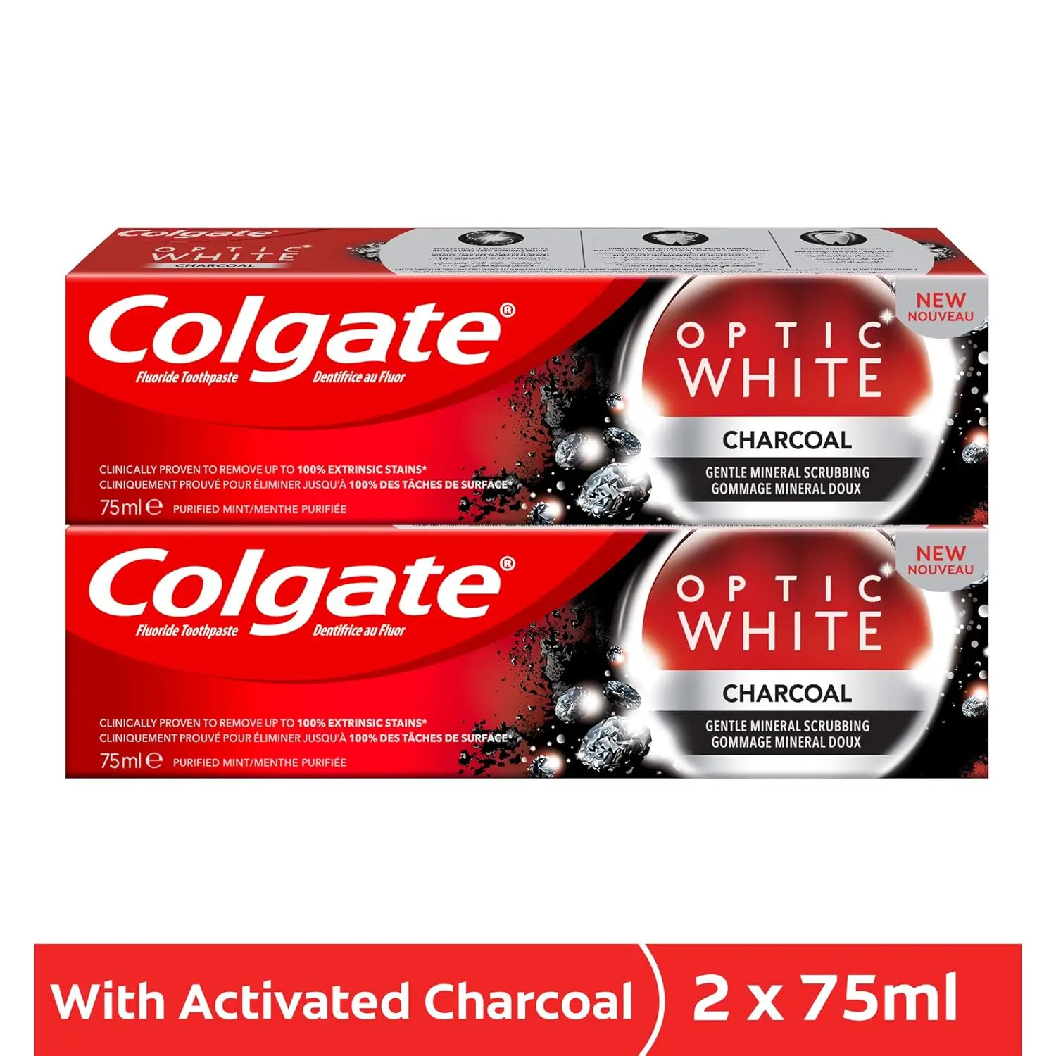 Two tubes of Colgate Optic White Charcoal whitening toothpaste with purified mint flavor, formulated with activated charcoal to remove extrinsic stains and safe for daily enamel use.