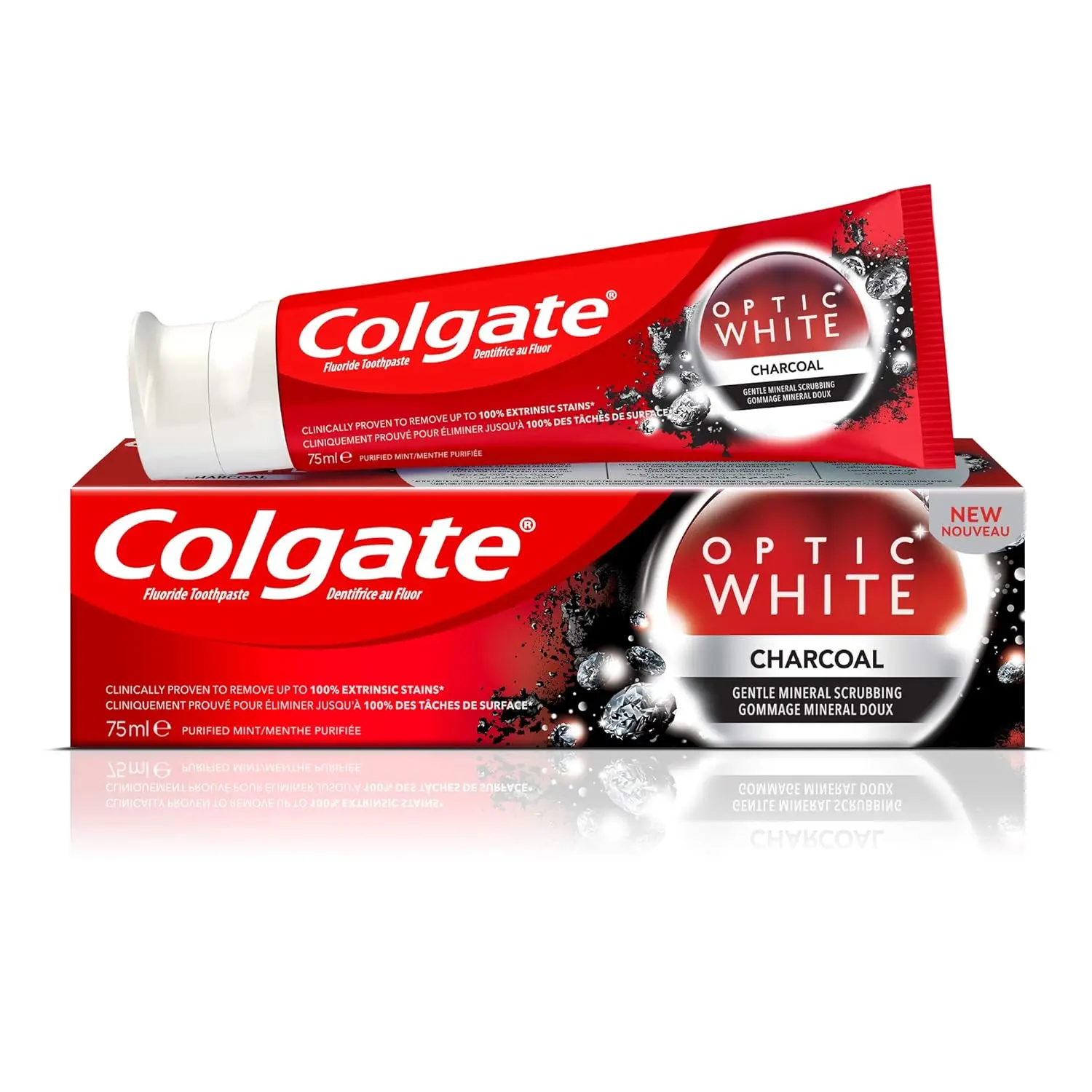 Two tubes of Colgate Optic White Charcoal whitening toothpaste with purified mint flavor, formulated with activated charcoal to remove extrinsic stains and safe for daily enamel use.