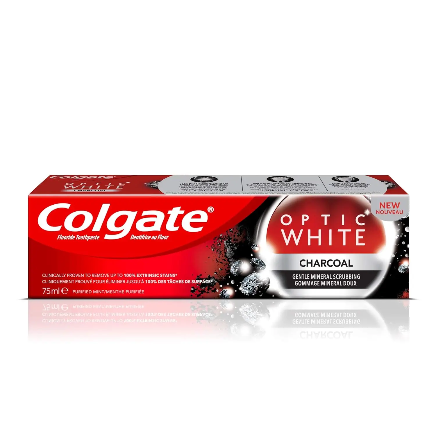 Two tubes of Colgate Optic White Charcoal whitening toothpaste with purified mint flavor, formulated with activated charcoal to remove extrinsic stains and safe for daily enamel use.