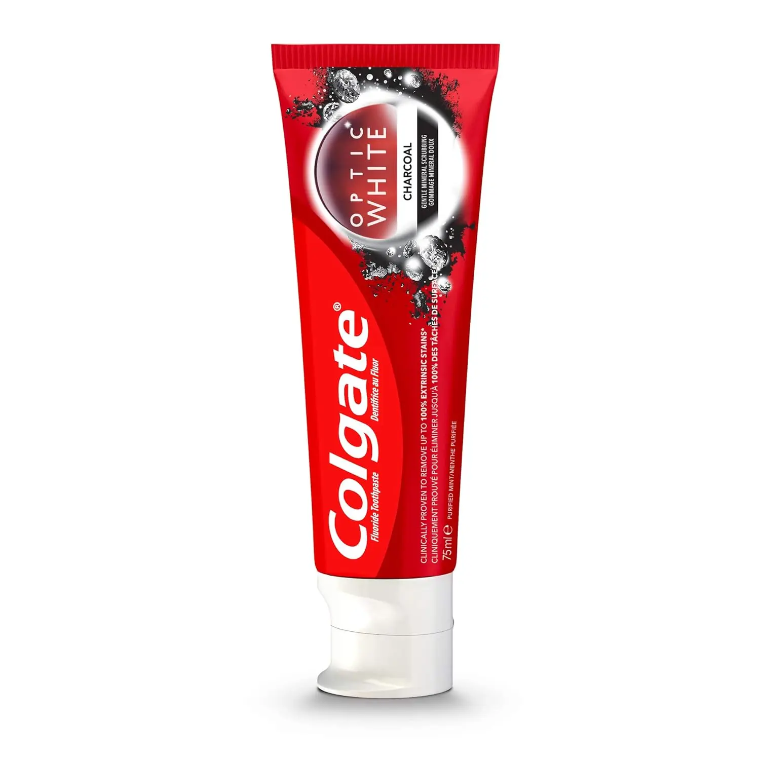 Two tubes of Colgate Optic White Charcoal whitening toothpaste with purified mint flavor, formulated with activated charcoal to remove extrinsic stains and safe for daily enamel use.