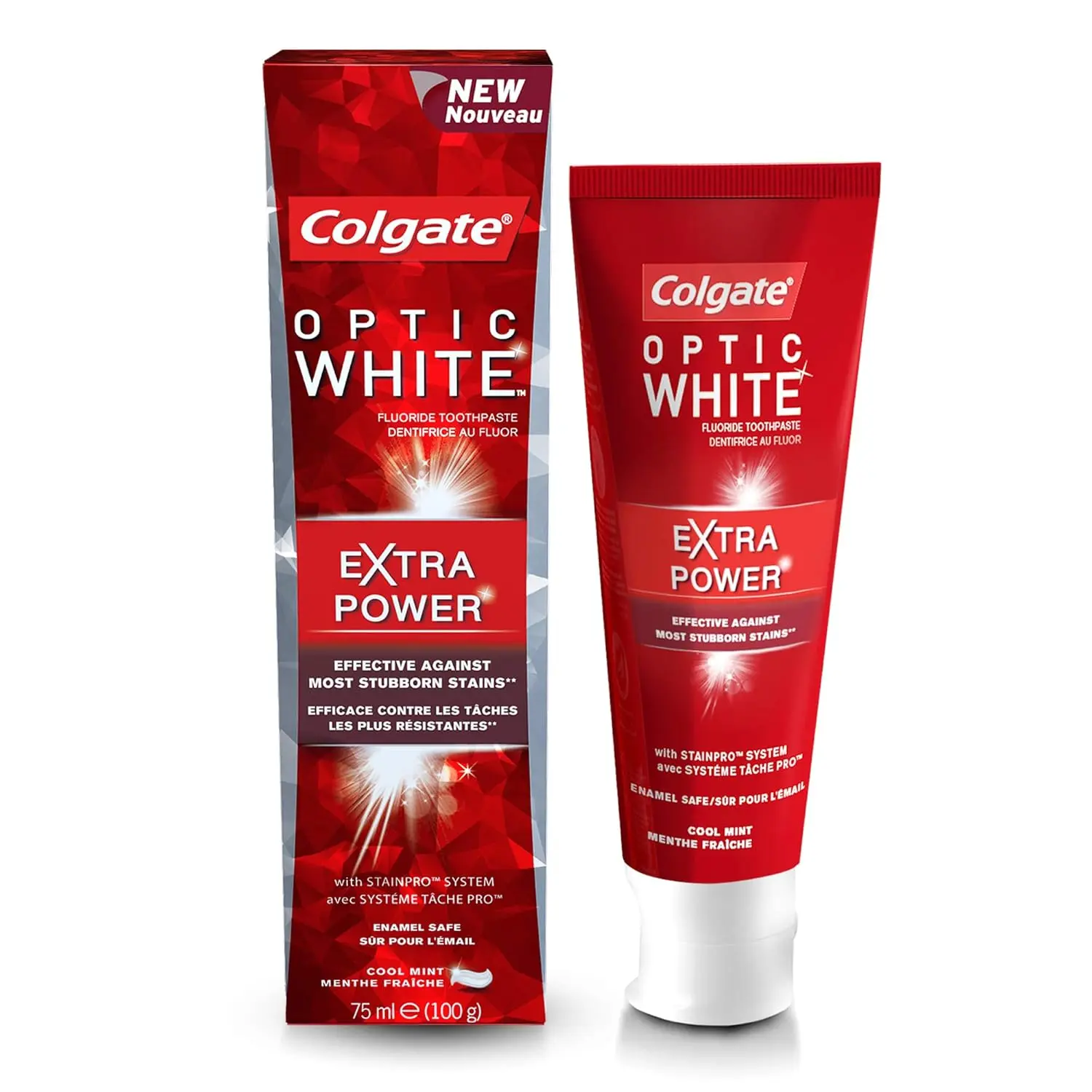 A tube of Colgate Optic White Extra Power Whitening Toothpaste, 75ml, featuring the clinically proven StainPro system for removing tough stains.
