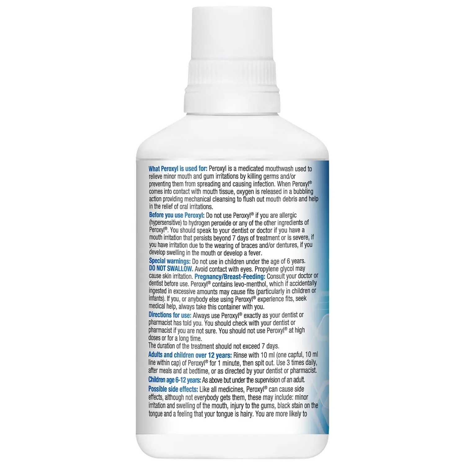 Colgate Peroxyl Mint Mouthwash provides oxygenating cleansing action to kill bacteria, prevent germ spread, relieve minor mouth and gum irritations and reduce gum inflammation.