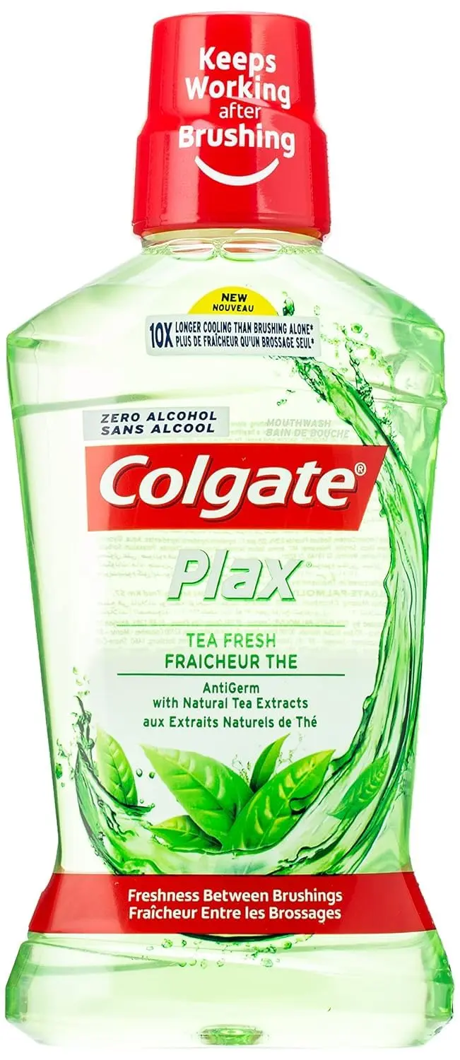 Three bottles of light green Colgate Plax Fresh Mint mouthwash provide 24/7 bad breath protection without alcohol.