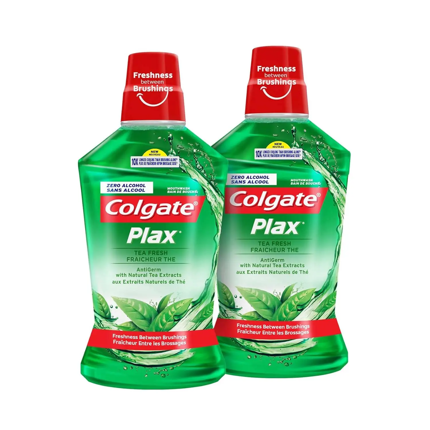 Two bottles of light green Colgate Plax Fresh Mint mouthwash provide 24/7 bad breath protection by fighting germs and plaque, alcohol-free.