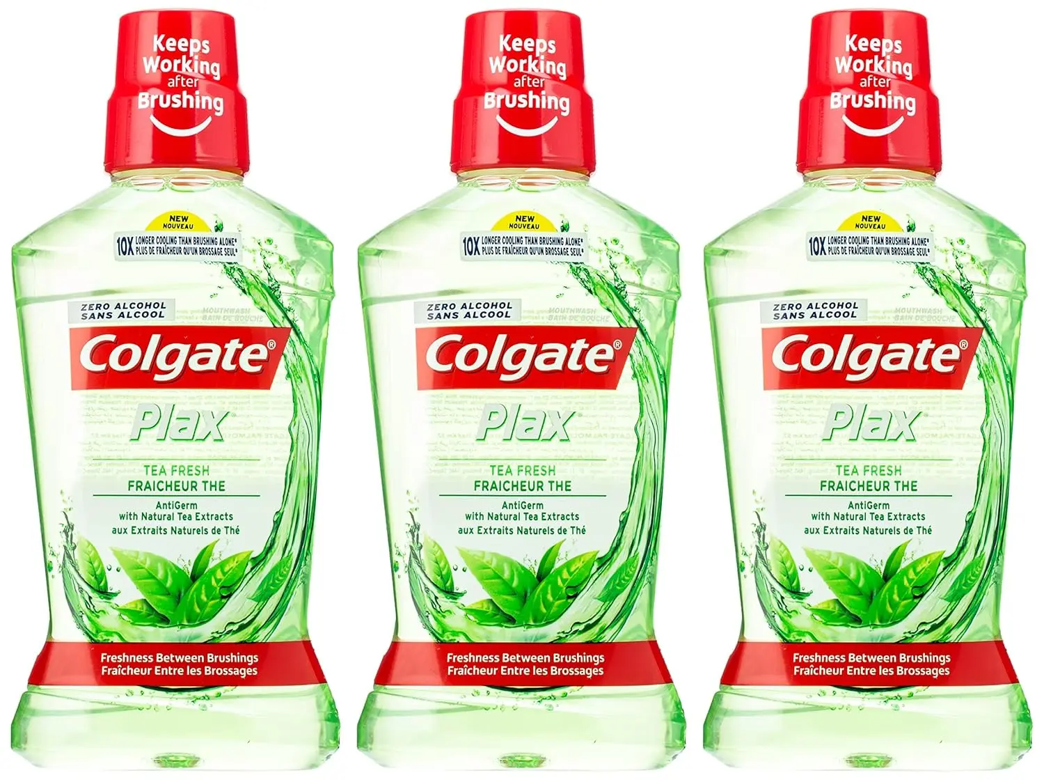 Three bottles of light green Colgate Plax Fresh Mint mouthwash provide 24/7 bad breath protection without alcohol.