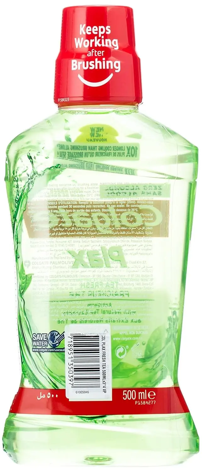 Three bottles of light green Colgate Plax Fresh Mint mouthwash provide 24/7 bad breath protection without alcohol.