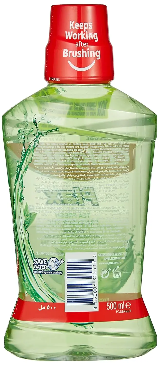 Two bottles of light green Colgate Plax Fresh Mint mouthwash provide 24/7 bad breath protection by fighting germs and plaque, alcohol-free.