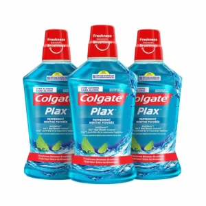 Three bottles of blue Colgate Plax Peppermint mouthwash provide 24/7 bad breath protection and long-lasting freshness.